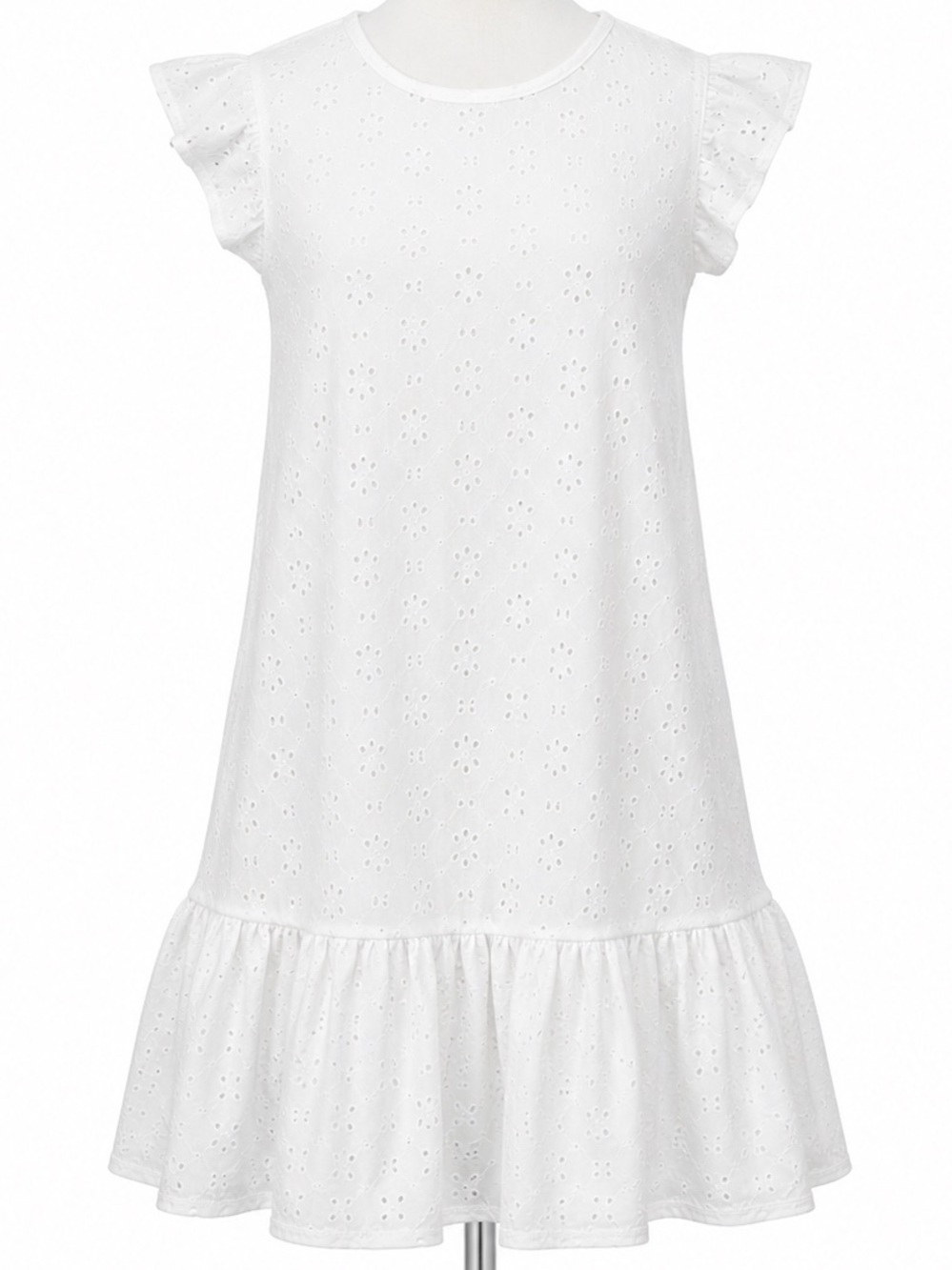 Mady & Nell White Dress Large Eyelet Dress Flutter Sleeve Ruffle Hem NWOT